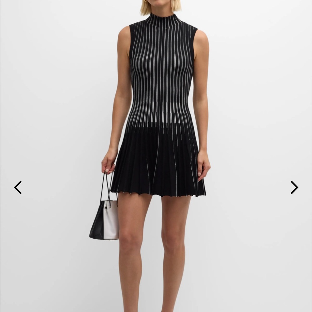 MILLY Pleated Mock-Neck Striped Mini Dress - Picture 2 of 5